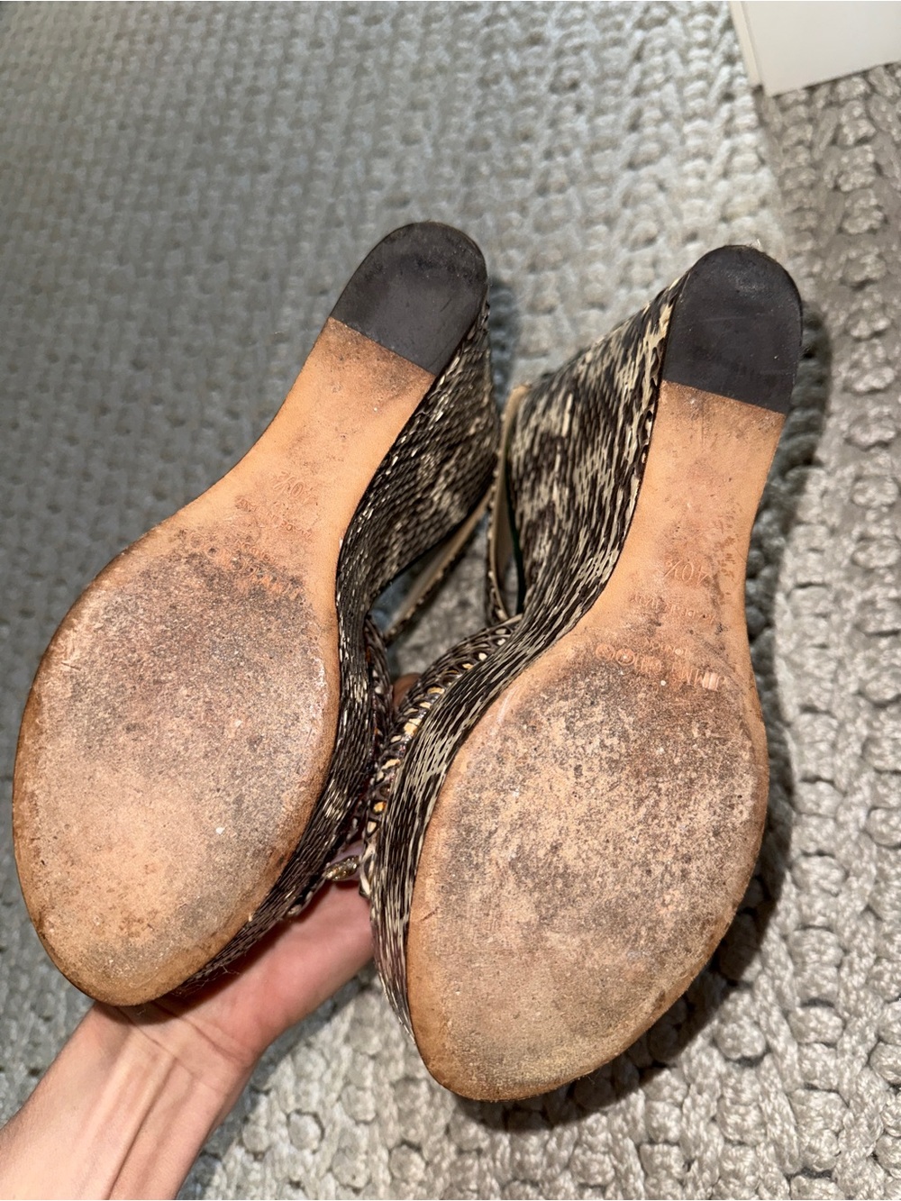 Jimmy Choo Tri Color Snakeskin and Patent Leather Wedge Sandals - Picture 5 of 5